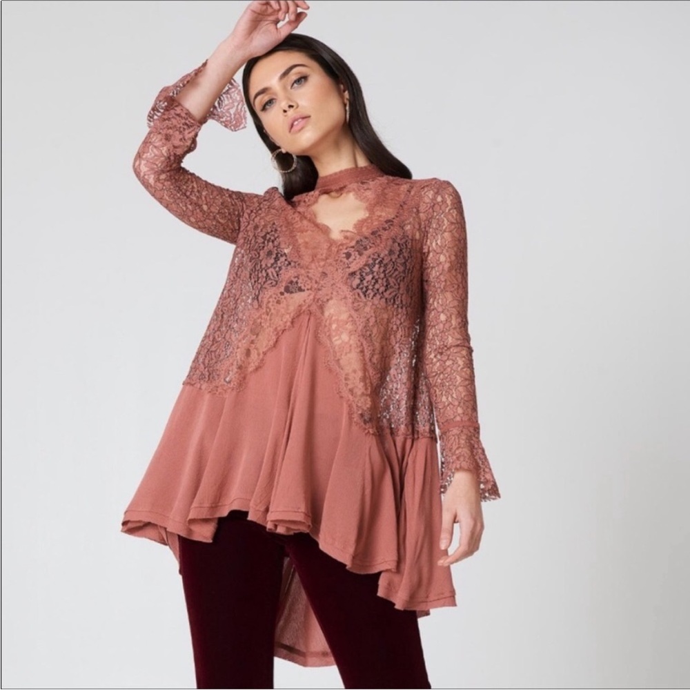 Free People Secret Origins Dusty Mauve Rosy Coral Lace Tunic S